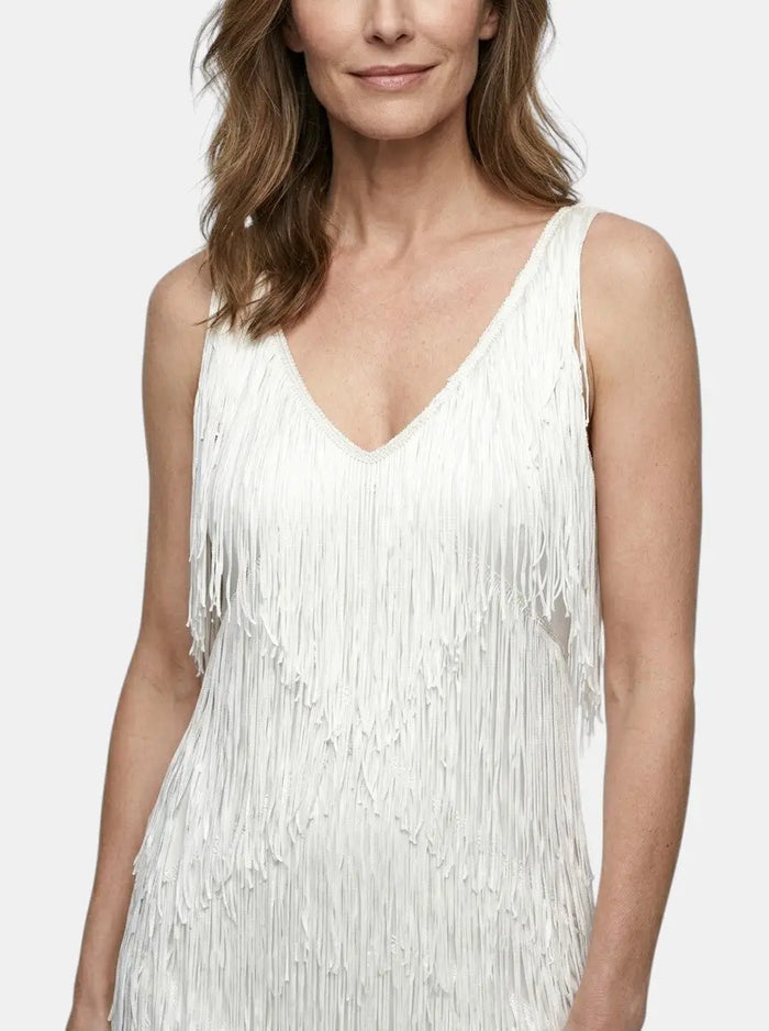 Vibrant women's fringe mini dress with V-neck design, stylish cocktail dress perfect for parties and evening events.