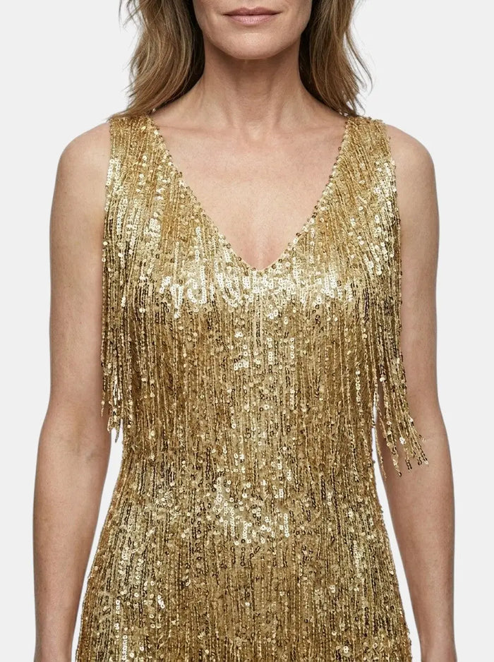 Women's vibrant V-neck fringe mini dress with stylish design, perfect for cocktail occasions, by LondonLaneStore.