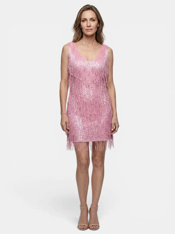 Vibrant women's fringe mini dress with V-neck, stylish cocktail dress from LondonLaneStore, featuring colorful fringe details.