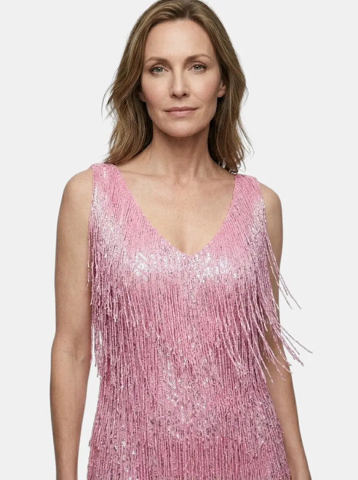 Women's vibrant V-neck fringe mini dress from LondonLaneStore, featuring a stylish design perfect for cocktail occasions.