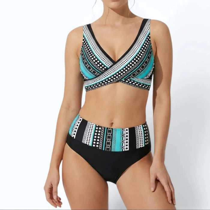Women’s geometric high-waisted bikini set from LondonLaneStore, featuring supportive design and flattering fit for summer swimwear.
