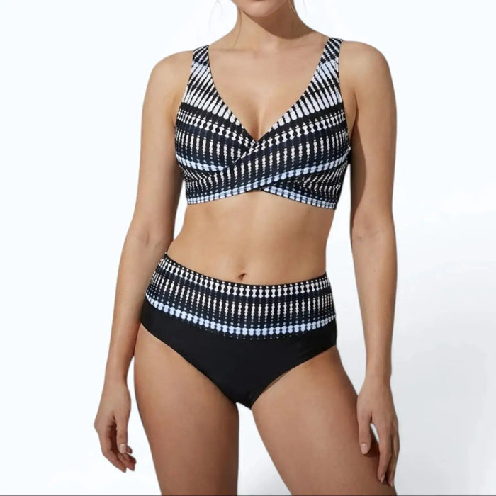 Women’s geometric high-waisted bikini set by LondonLaneStore, featuring supportive swimwear with a stylish pattern for summer.