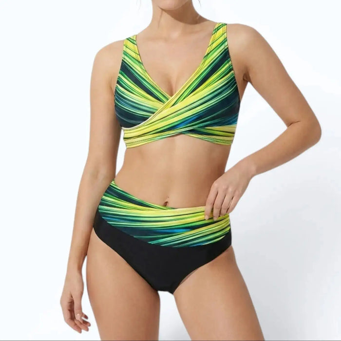 Women’s geometric high-waisted bikini set by LondonLaneStore, featuring supportive, flattering swimwear perfect for summer.