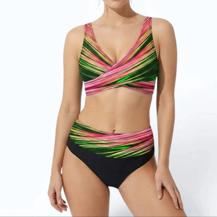 Women’s geometric high-waisted bikini set by LondonLaneStore, featuring supportive swimwear perfect for summer beach days.