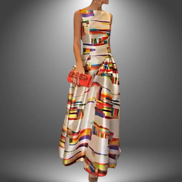Flowing sleeveless women's geometric print maxi dress by LondonLaneStore, perfect for summer, with vibrant pattern and flowing fabric.