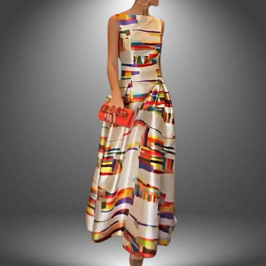 Flowing sleeveless women's geometric print maxi dress by LondonLaneStore, perfect for summer, with vibrant pattern and flowing fabric.