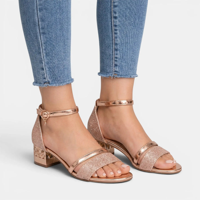 Women's Glittery Double Strap Sandals | Chic Low Block Heel Footwear LondonLaneStore
