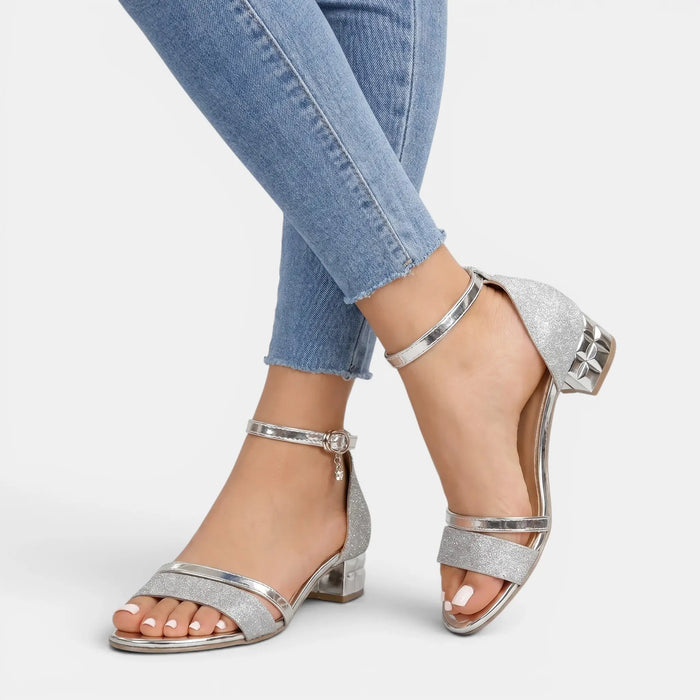 Women's Glittery Double Strap Sandals | Chic Low Block Heel Footwear LondonLaneStore