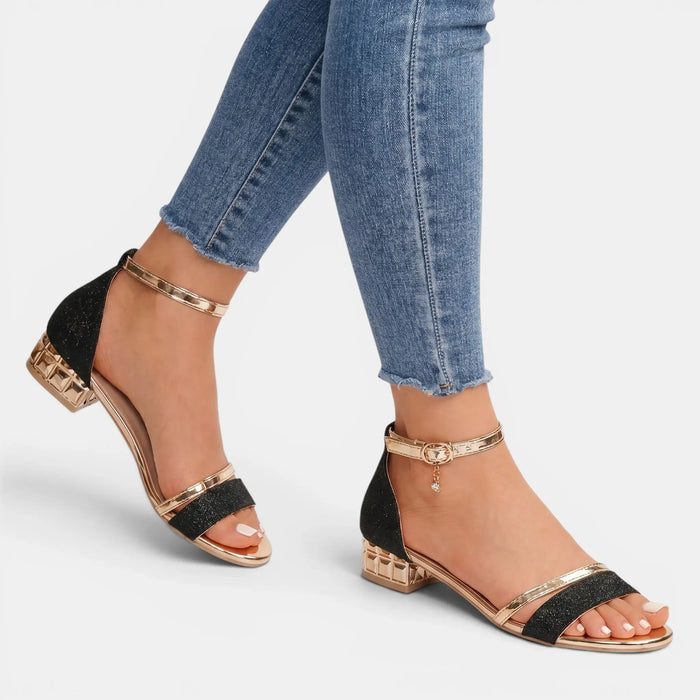 Women's Glittery Double Strap Sandals | Chic Low Block Heel Footwear LondonLaneStore