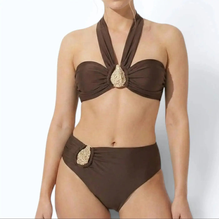 Women's high-quality asymmetrical bikini set with trendy metallic accents, stylish swimwear perfect for summer beach days.
