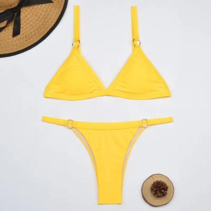 Women wearing a stylish high-quality triangle bikini set from LondonLaneStore, adjustable swimwear perfect for summer.
