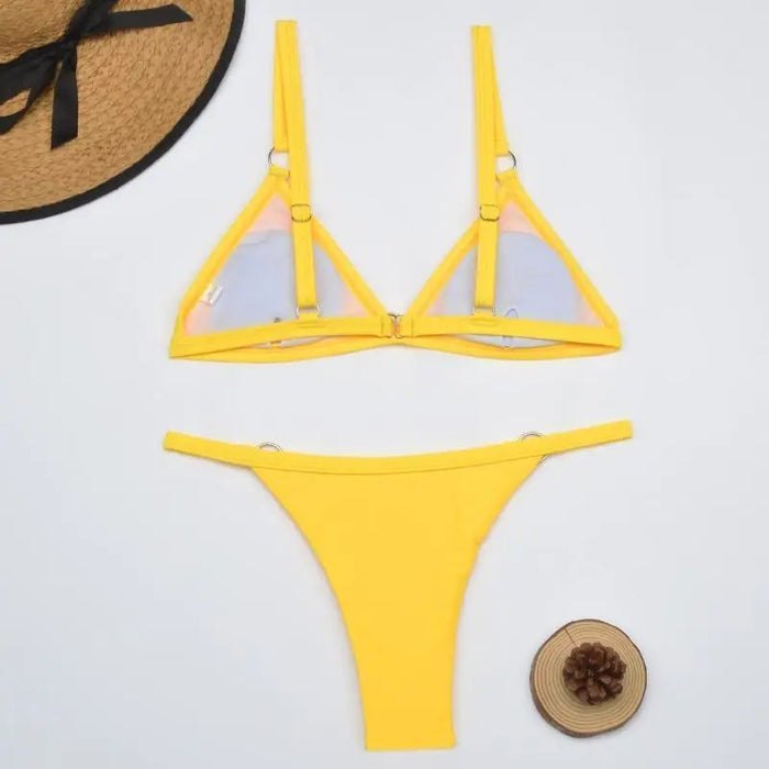 Women wearing a high-quality triangle bikini set by LondonLaneStore, featuring adjustable straps and stylish summer swimwear.
