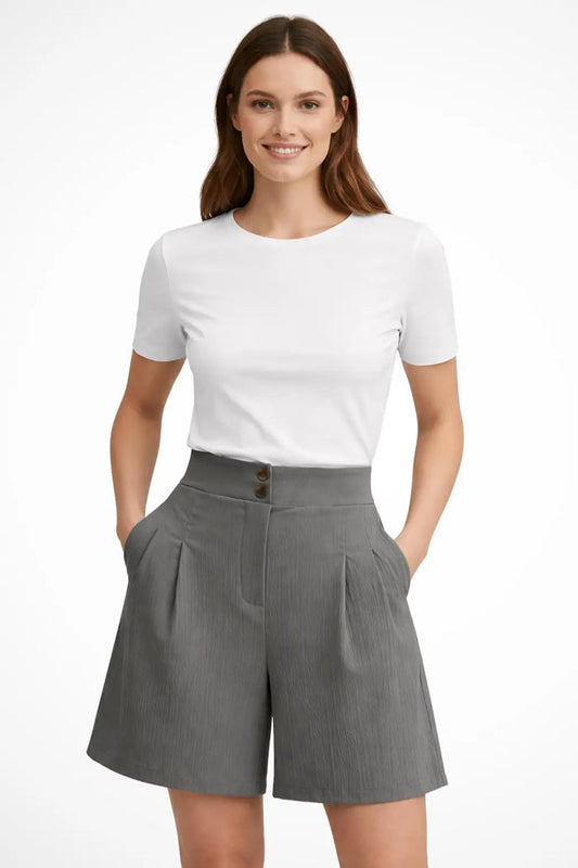 Women's high waist pleated Bermuda shorts with button front, tailored fit, stylish casual summer wear from LondonLaneStore.