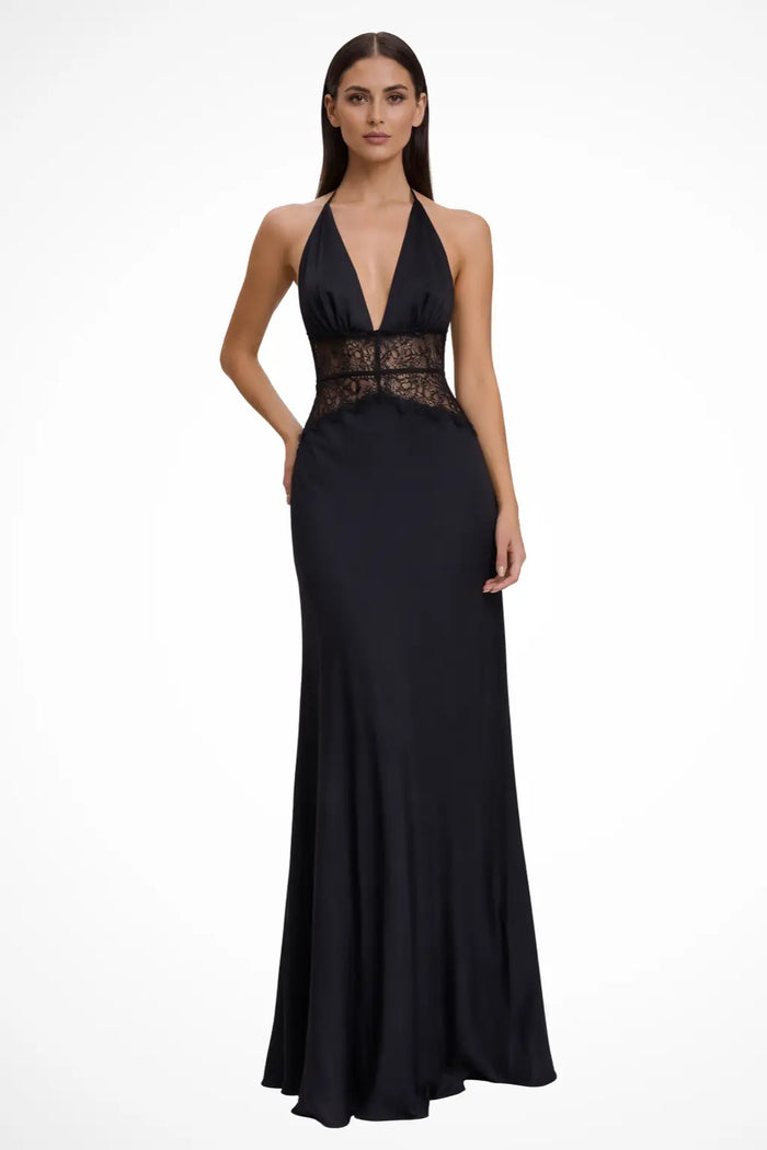 Elegant women's lace maxi dress with modern halter neck and backless design, perfect for formal or summer occasions.