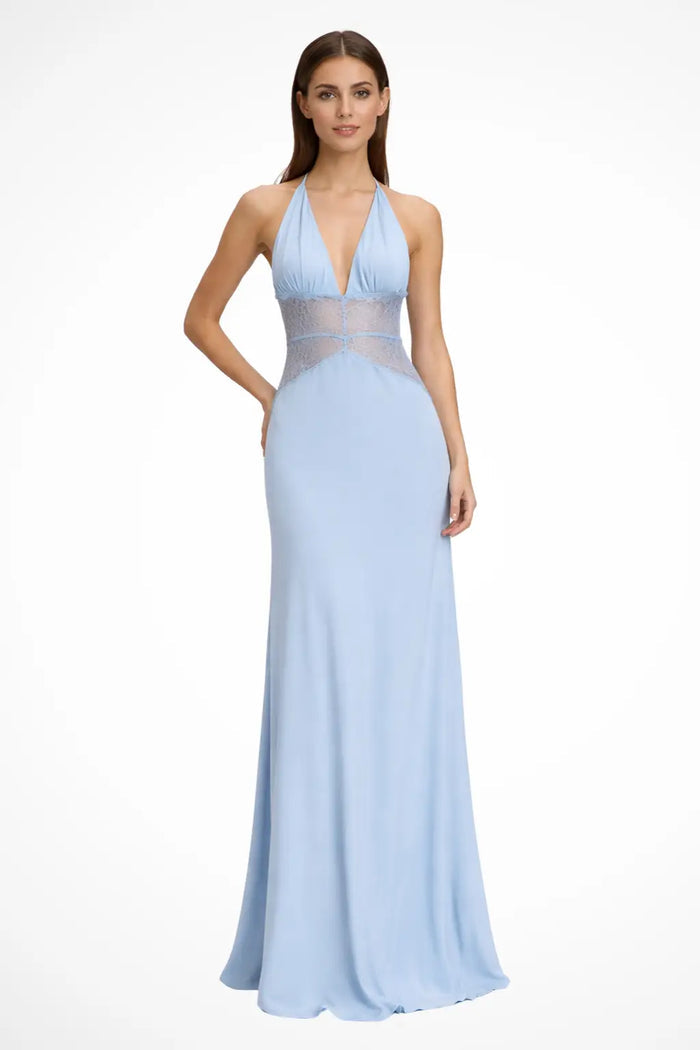 Elegant women's lace maxi dress by LondonLaneStore featuring a modern halter neck and backless design.