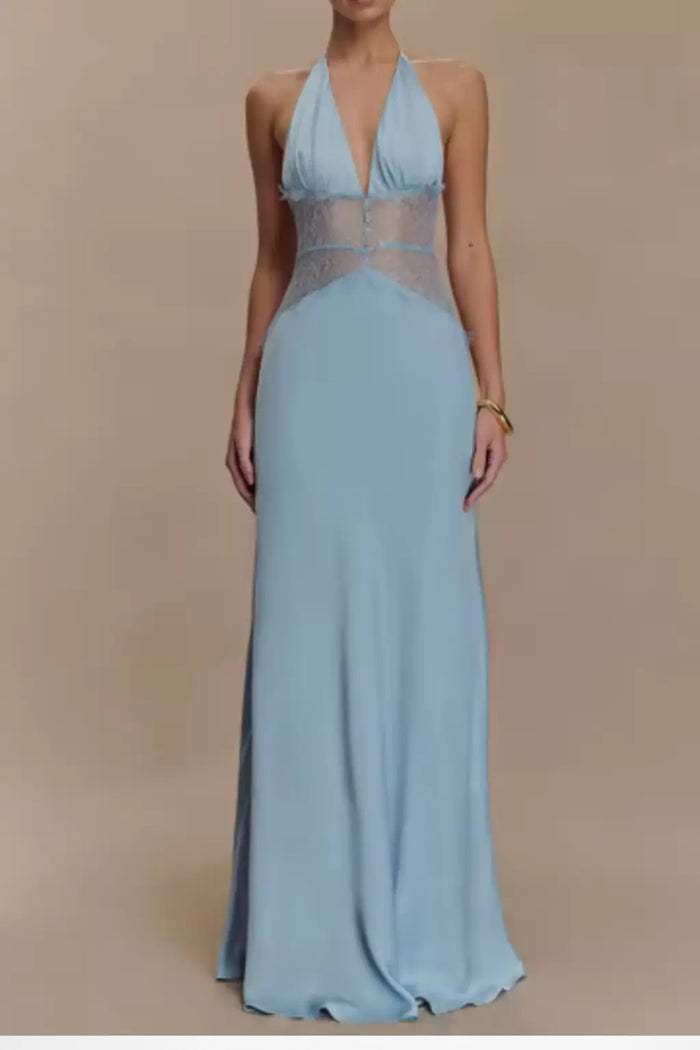 Elegant women's lace maxi dress with modern halter neck and backless design, perfect for formal occasions.