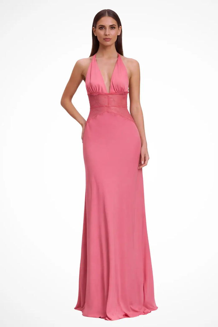 Women’s lace maxi dress with halter neck and backless design, elegant evening dress by LondonLaneStore.