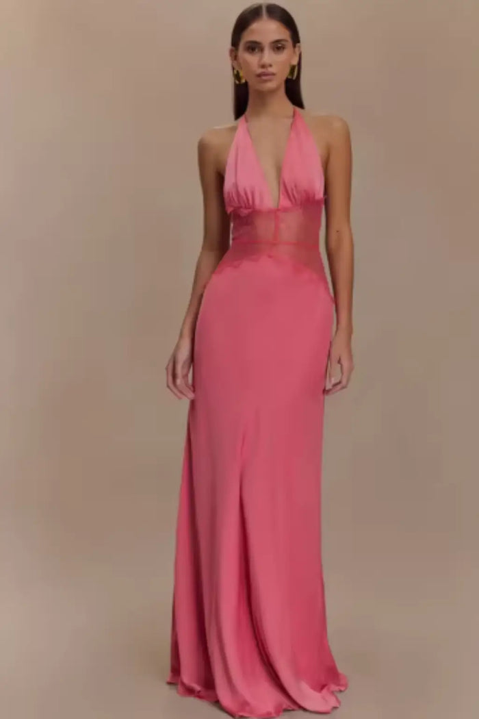 Women’s lace maxi dress with a modern halter neck and backless design, featuring elegant floral lace details.