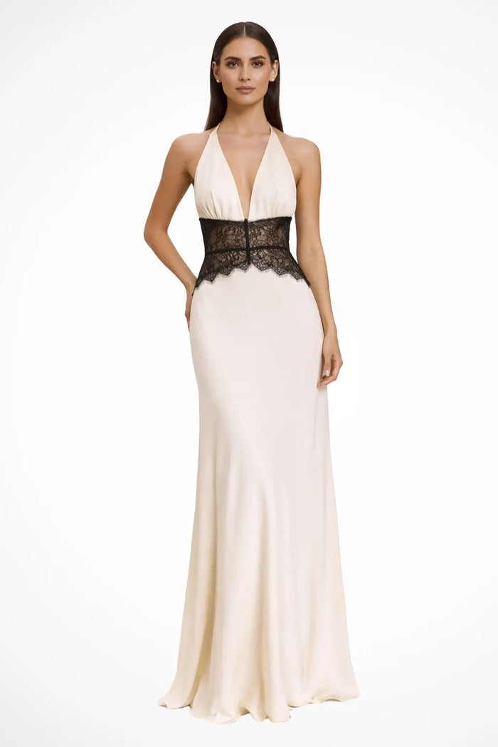 Elegant women's lace maxi dress with modern halter neck and backless design, perfect for stylish occasions.