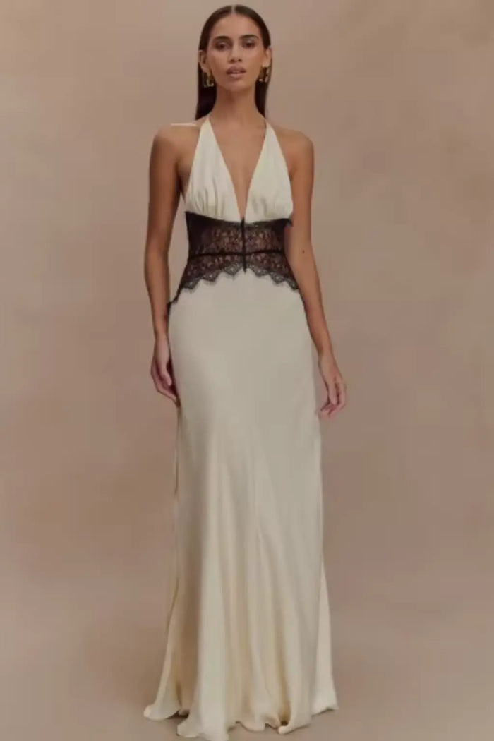 Women’s lace maxi dress with modern halter neck and backless design, elegant evening dress by LondonLaneStore.