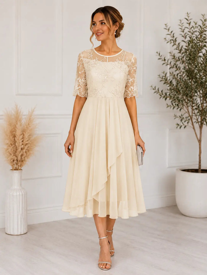 Elegant women's lace midi dress by LondonLaneStore featuring an A-line silhouette, perfect for special occasions and cocktail events.