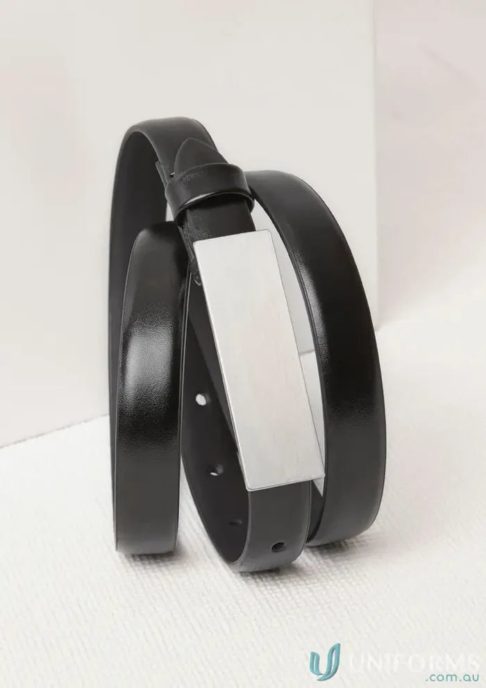 Black faux leather belt with silver buckle for women’s leather belt style ra972l women’s