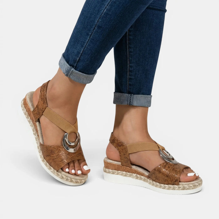 Women's leather platform sandals with open-toe design and adjustable ankle strap, showcasing stylish and comfortable footwear.