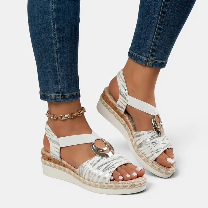 Women's leather platform sandals with open toe and adjustable ankle strap, featuring a comfortable and stylish design.