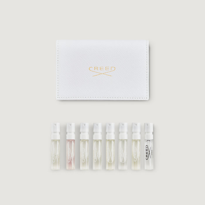 White Saffiano Leather Sample Wallet with 8 women's fragrance vials - Flat Lay | Creed Boutique