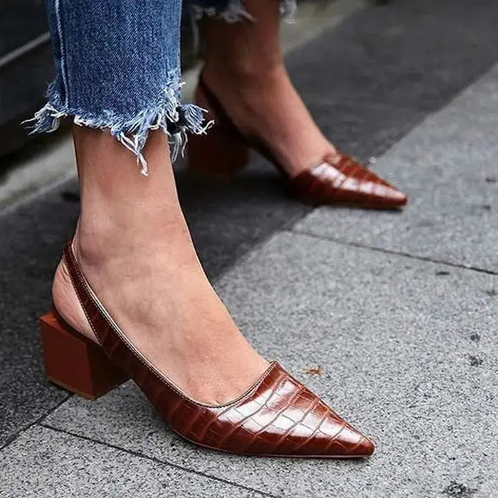 Women’s leather slingback heels with pointed toe and block heel design, featuring supportive and stylish footwear from LondonLaneStore.