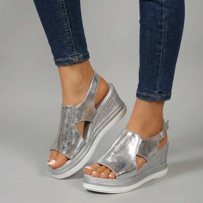 Leather women's wedge sandals with open-toe design and supportive sole, ideal for summer wear from LondonLaneStore.