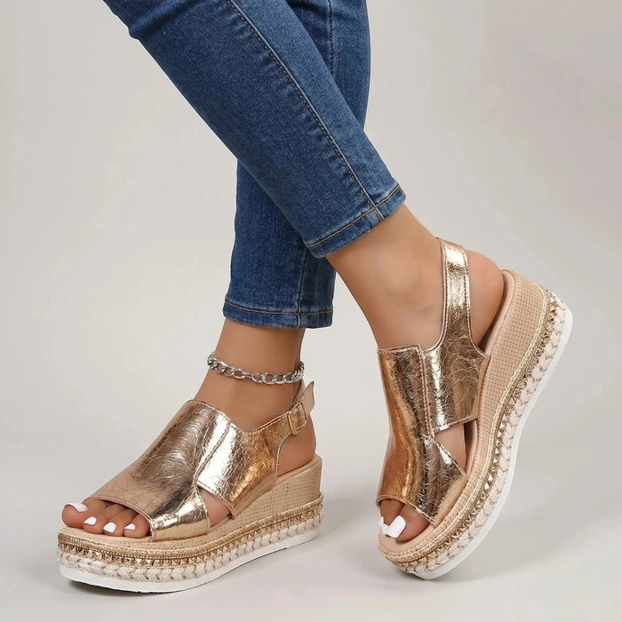 Women's leather wedge sandals with open-toe design and supportive straps, perfect for summer wear by LondonLaneStore.