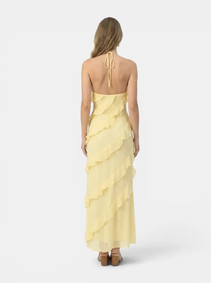 Women's light fabric maxi dress with elegant halter neck and tiered ruffles, perfect for summer events, by LondonLaneStore.