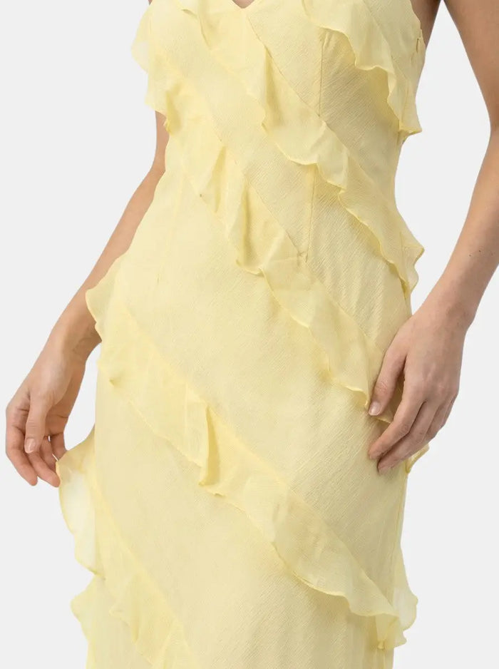 Light fabric women's maxi dress with halter neckline and tiered ruffles, perfect for summer events, by LondonLaneStore.