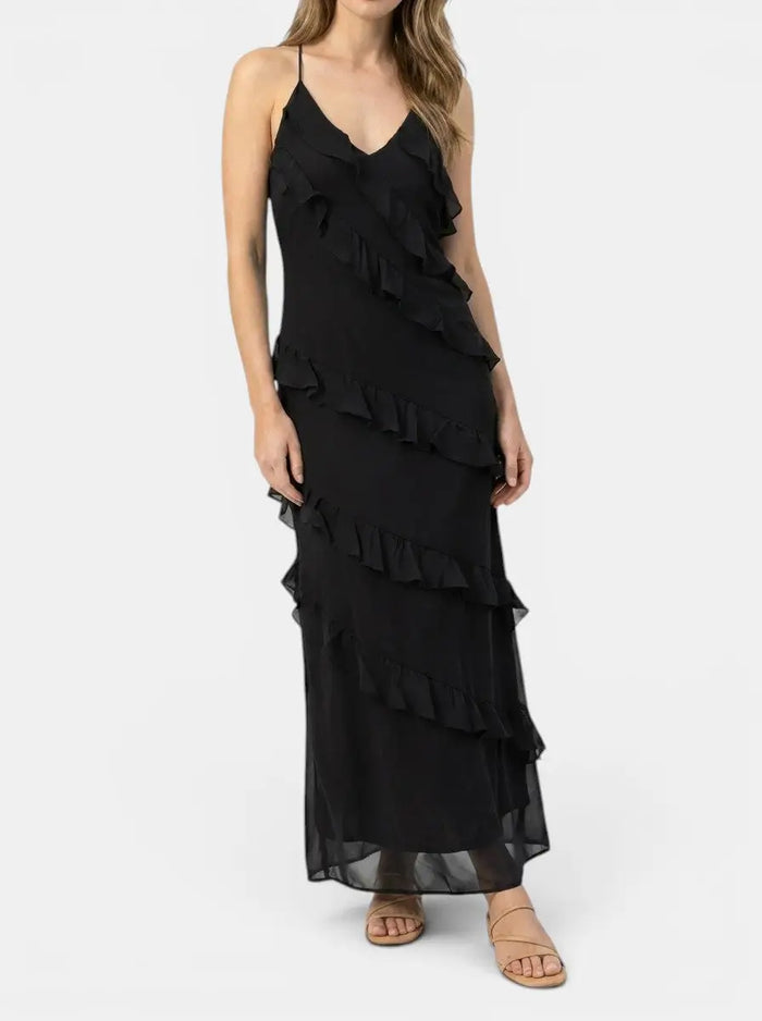 Women's light fabric maxi dress with elegant halter neck and tiered ruffles, perfect for summer events by LondonLaneStore.