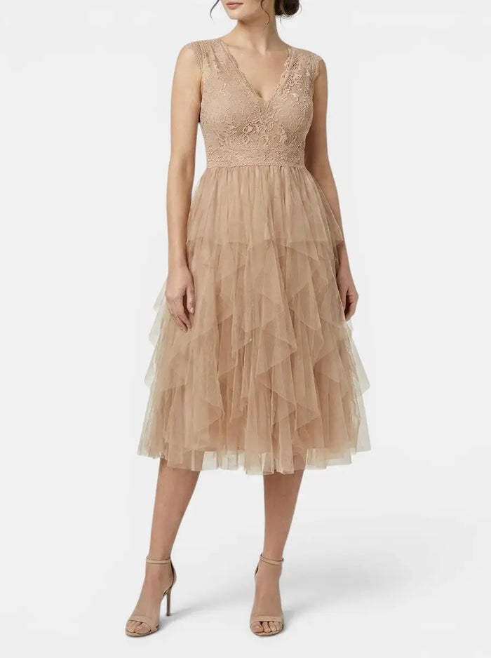 Women's lightweight chiffon mini cocktail dress with ruffled details, elegant and perfect for parties, by LondonLaneStore.