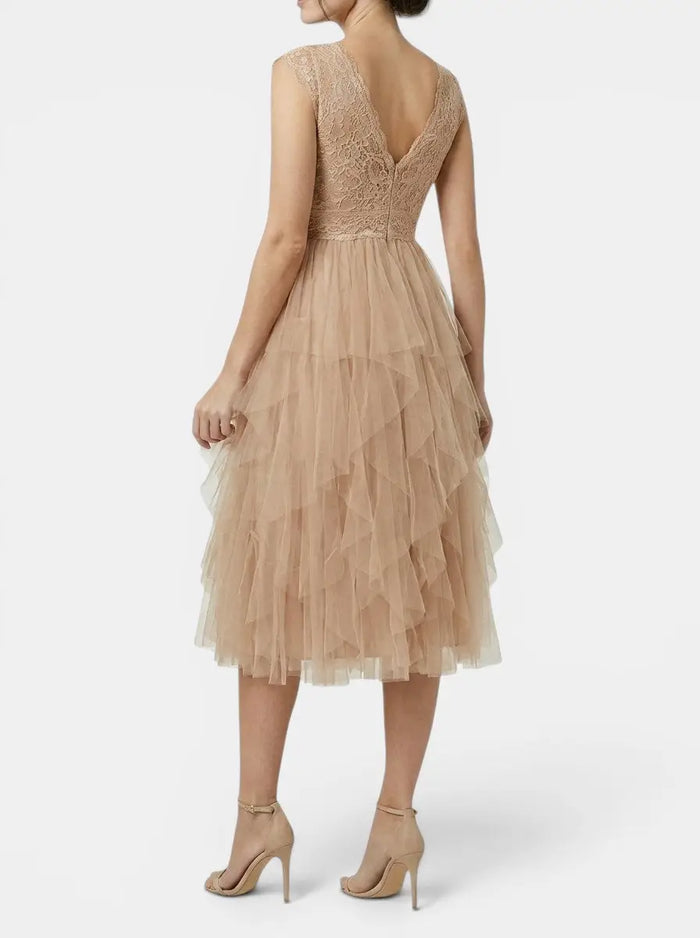 Women's lightweight chiffon mini cocktail dress with ruffled details, elegant and perfect for parties, by LondonLaneStore.