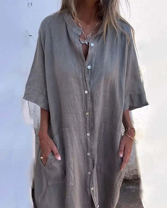 Lightweight cotton shirt dress for women in relaxed boho style, featuring a casual fit and breezy design.