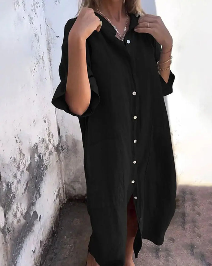 Women’s lightweight cotton shirt dress with relaxed boho style, featuring a casual fit and soft fabric.