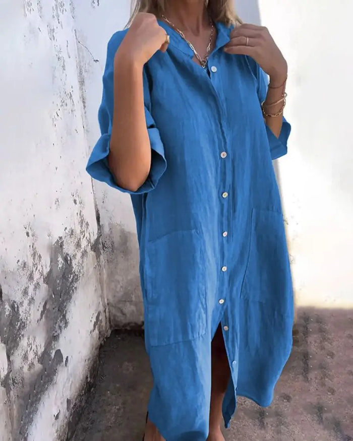 Women’s lightweight cotton shirt dress in relaxed boho style, featuring a casual fit and feminine design.