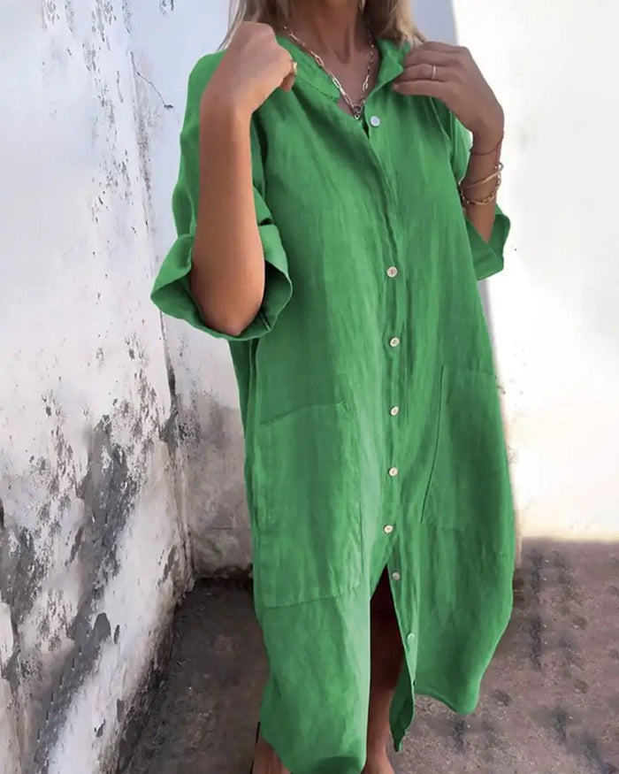 Women’s lightweight cotton shirt dress with relaxed boho style, featuring a casual fit and stylish design.