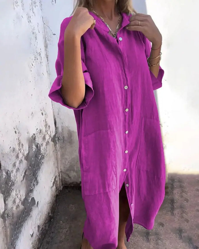 Women’s lightweight cotton shirt dress in relaxed boho style, featuring a casual fit and natural fabric for comfortable wear.