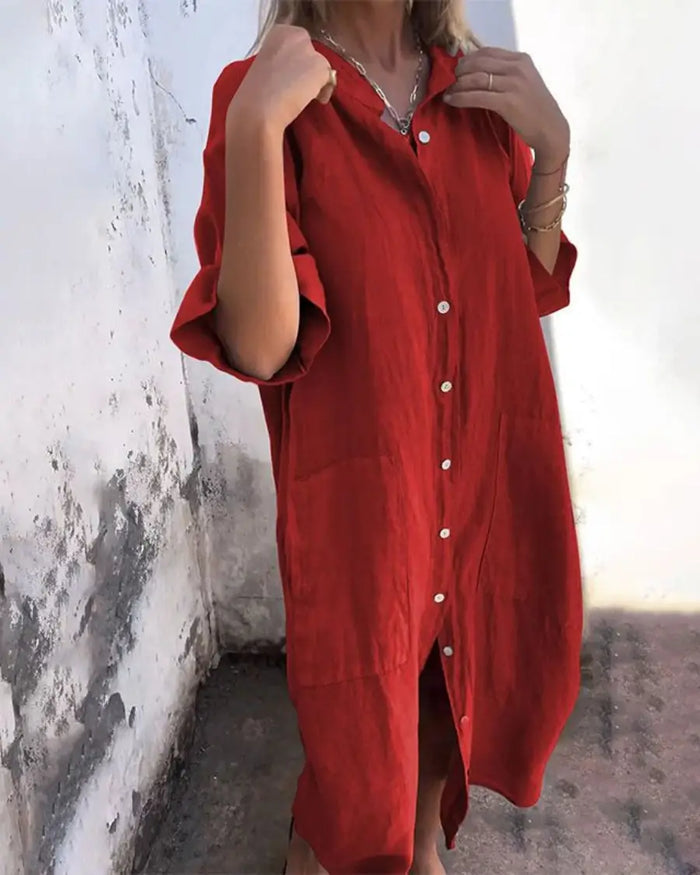 Women’s lightweight cotton shirt dress in relaxed boho style, featuring a casual fit and soft fabric, ideal for everyday wear.