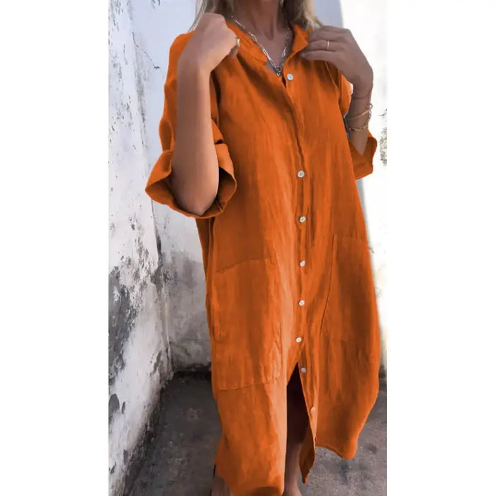 Women’s lightweight cotton shirt dress in relaxed boho style with long sleeves and a casual fit, perfect for warm weather.
