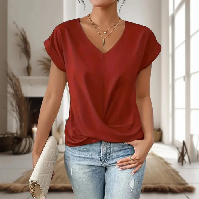Women’s lightweight cotton t-shirt with a soft sweetheart neckline, casual top from LondonLaneStore, shown on a model.