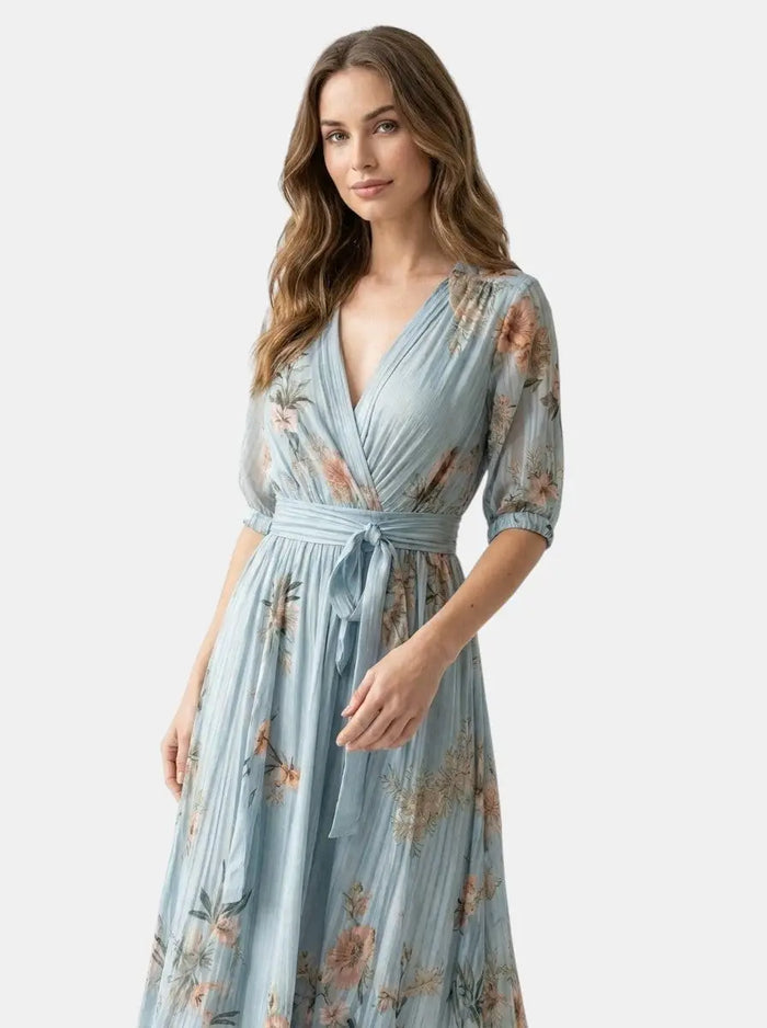 Women's lightweight fabric midi dress with flowing V-neck design, perfect for summer, by LondonLaneStore.