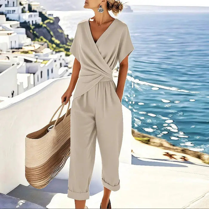 Women's lightweight fabric two-piece set from LondonLaneStore with an elegant wrap-front top and relaxed trousers, perfect for casual wear.
