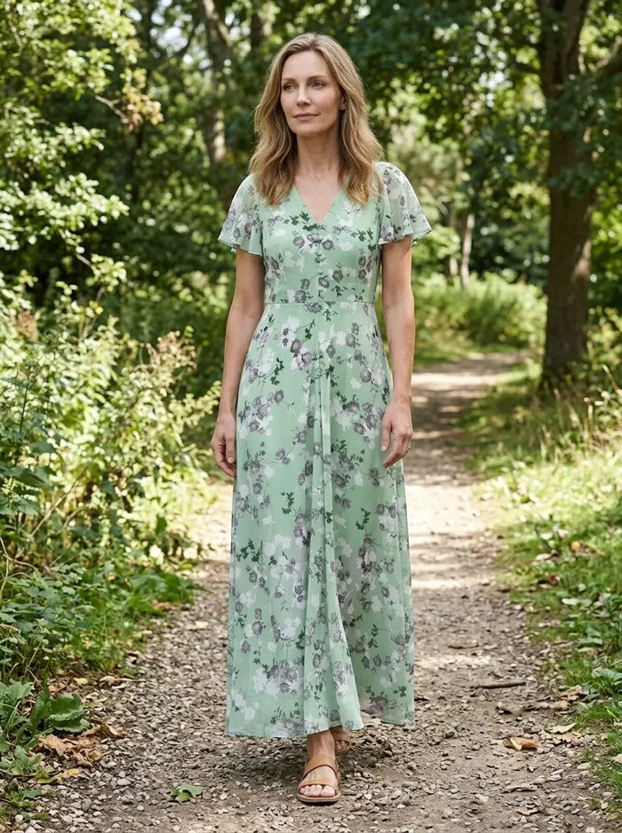 Women's lightweight floral maxi dress from LondonLaneStore featuring an elegant flowing summer style and vibrant floral pattern.