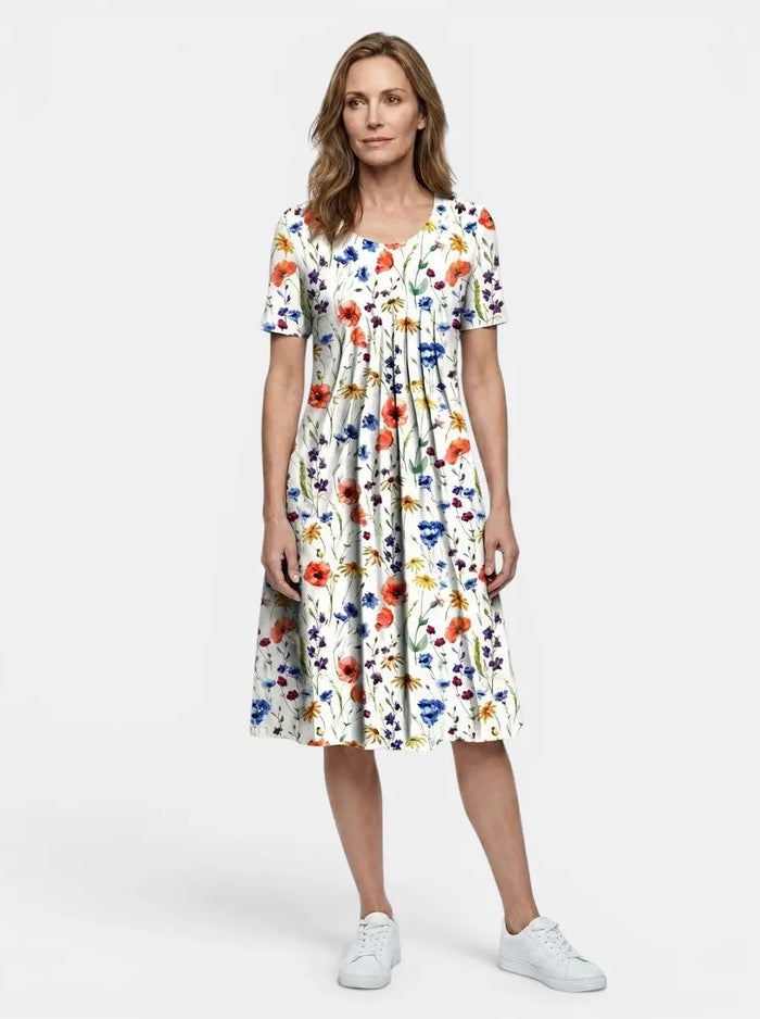 Women's lightweight floral print midi dress by LondonLaneStore, featuring a flowy A-line silhouette perfect for summer.