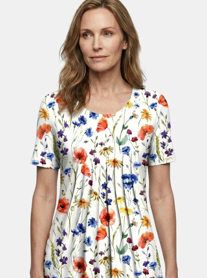 Women's floral print midi dress by LondonLaneStore, lightweight, flowy A-line style perfect for summer wear.